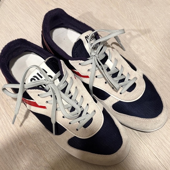 Shoes - Miu Miu Navy and Cream Sneakers with Red Accent